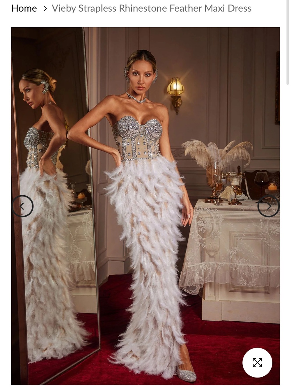 Strapless Rhinestone Feather Maxi Dress in Ivory